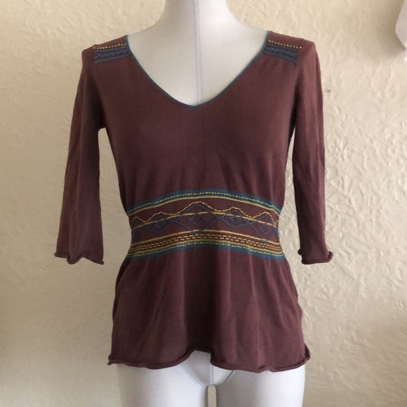 Anthropologie Sparrow Brown Babydoll Sweater Blue Yellow Crochet Vintage y2k - Picture 1 of 8